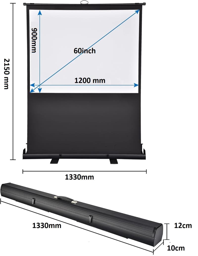 Peak 120×90 cm Taşınabilir Portatif Pull Up Floor Projeksiyon Perdesi F60 — kasa, kumaş ve kutu ölçüleri teknik çizimi