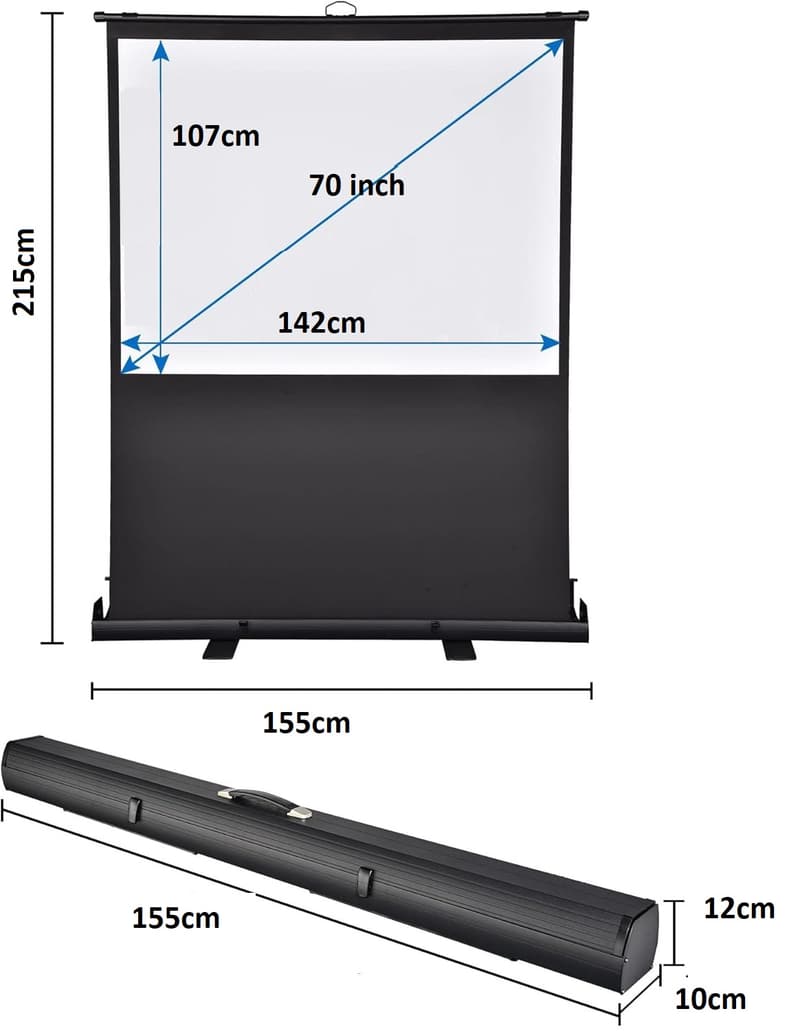 Peak 142x107cm Taşınabilir Portatif Pull Up Floor Projeksiyon Perdesi F70 — kasa, kumaş ve kutu ölçüleri teknik çizimi