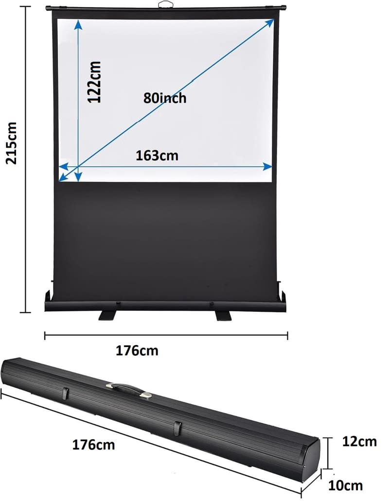 Peak 163X122 cm Taşınabilir Portatif Pull Up Floor Projeksiyon Perdesi F80 — kasa, kumaş ve kutu ölçüleri teknik çizimi