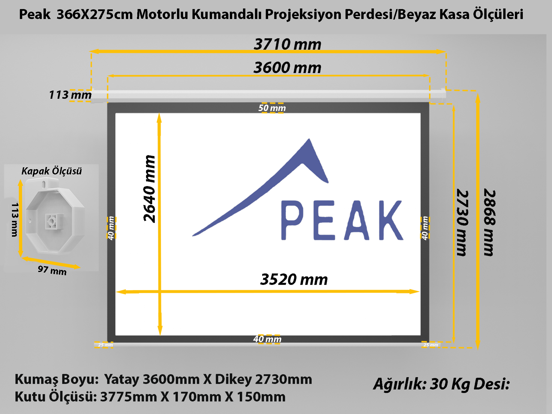 Peak M180 366×274 cm Motorlu Kumandalı Projeksiyon Perdesi-Beyaz Kasa görsel 8