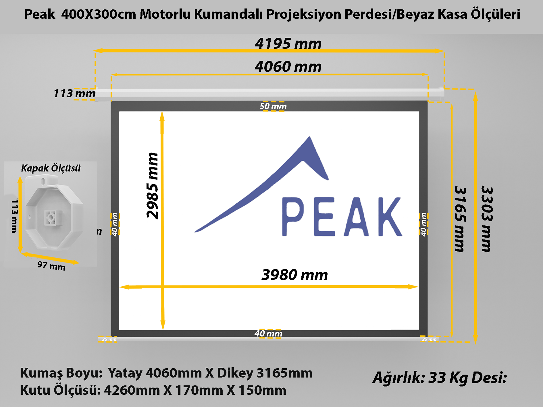 Peak M200 400×300 cm Motorlu Kumandalı Projeksiyon Perdesi-Beyaz Kasa görsel 8