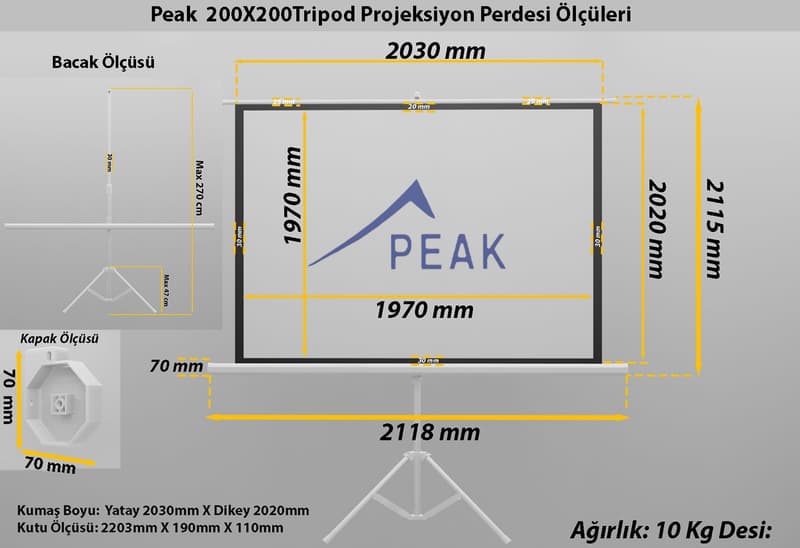 Peak T100 200×200(100inch)Tripod Projeksiyon Perdesi — kasa, kumaş ve kutu ölçüleri teknik çizimi